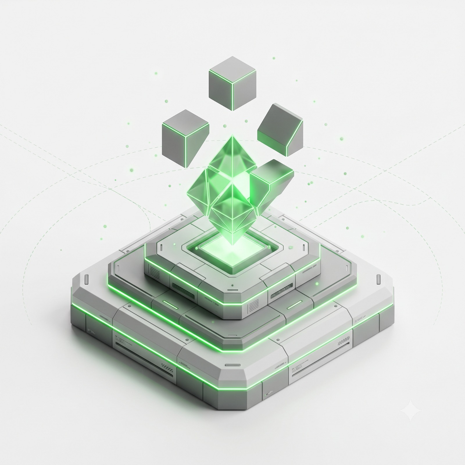 Ilustração: cristal emergindo de plataforma modular